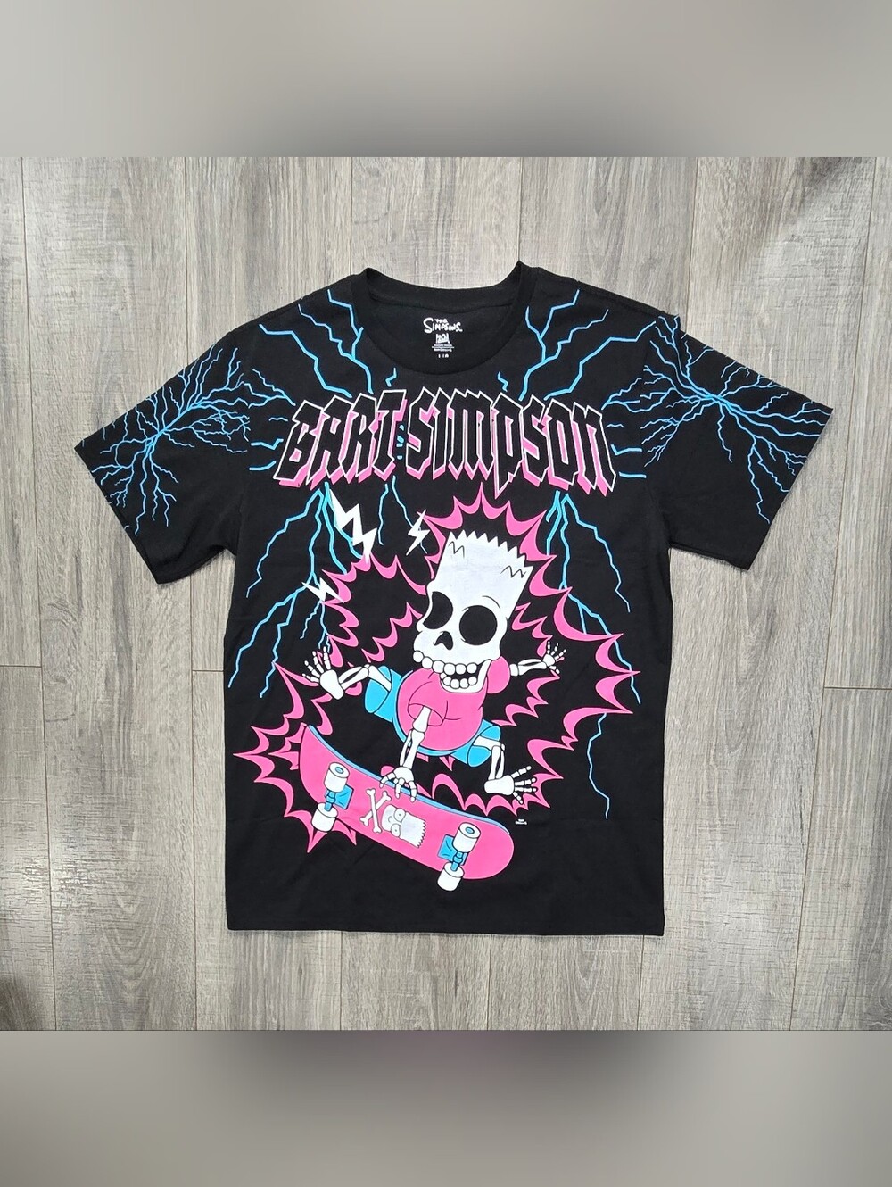 The Simpsons Bart Simpson Skeleton Skateboard Graphic T Shirt Black Large.
